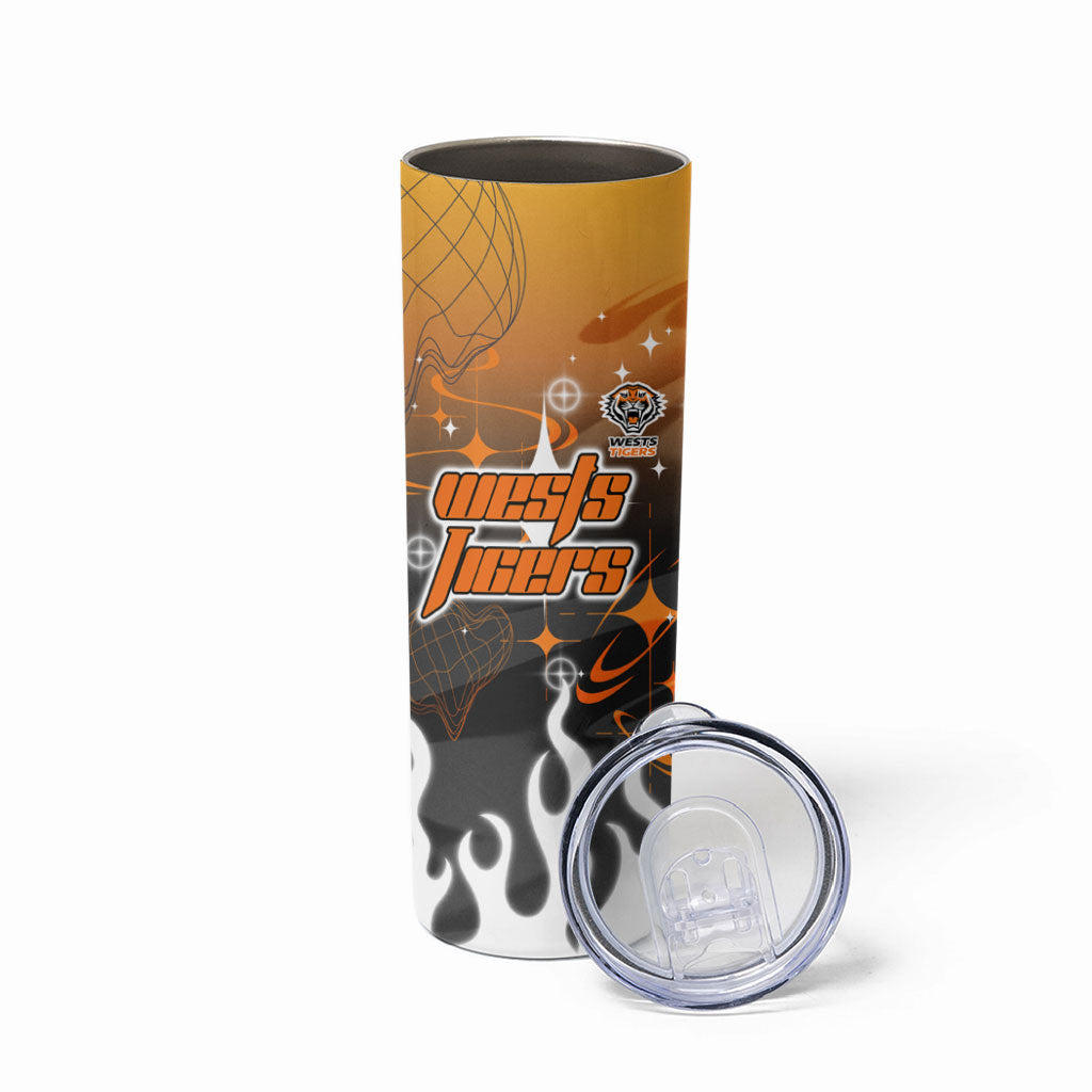 Personalized Wests Tigers Skinny Tumbler Y2K Grunge Aesthetic With Cyber Flames and Starburst Graphics