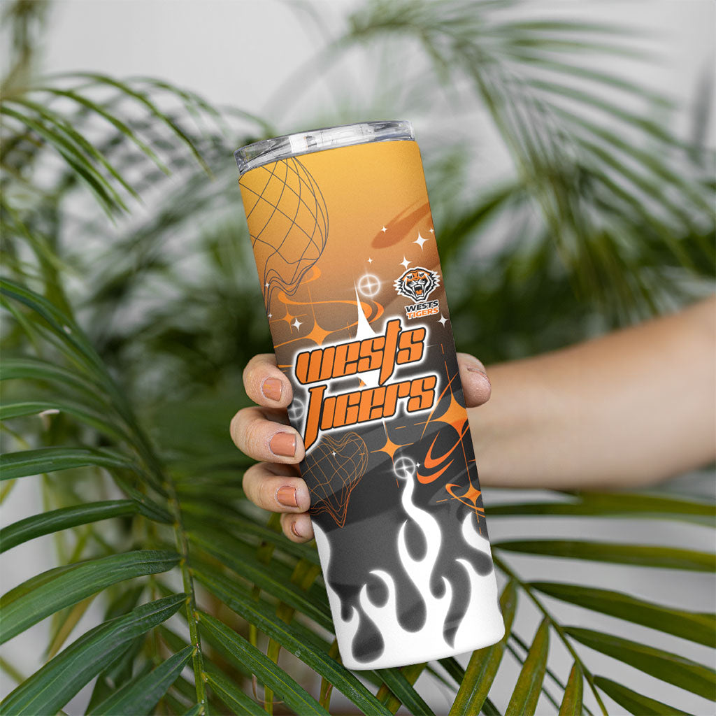 Personalized Wests Tigers Skinny Tumbler Y2K Grunge Aesthetic With Cyber Flames and Starburst Graphics