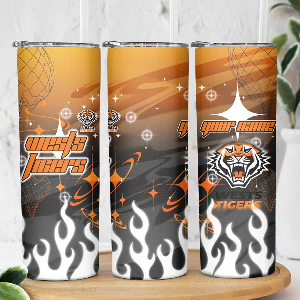 Personalized Wests Tigers Skinny Tumbler Y2K Grunge Aesthetic With Cyber Flames and Starburst Graphics