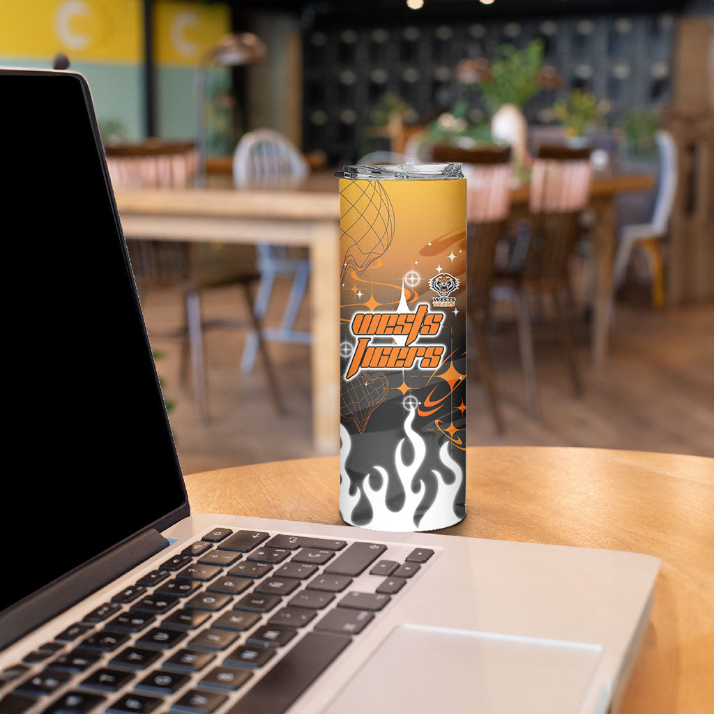 Personalized Wests Tigers Skinny Tumbler Y2K Grunge Aesthetic With Cyber Flames and Starburst Graphics