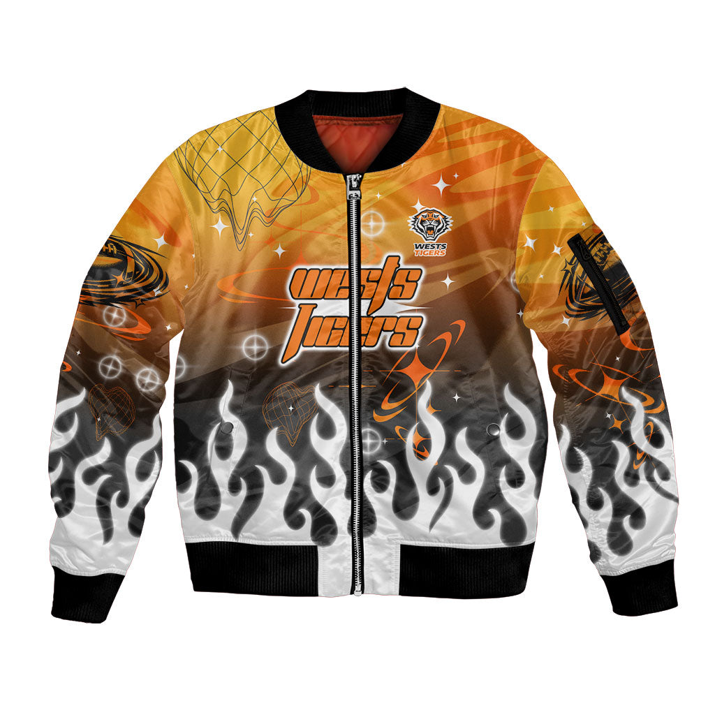 Personalized Wests Tigers Sleeve Zip Bomber Jacket Y2K Grunge Aesthetic With Cyber Flames and Starburst Graphics