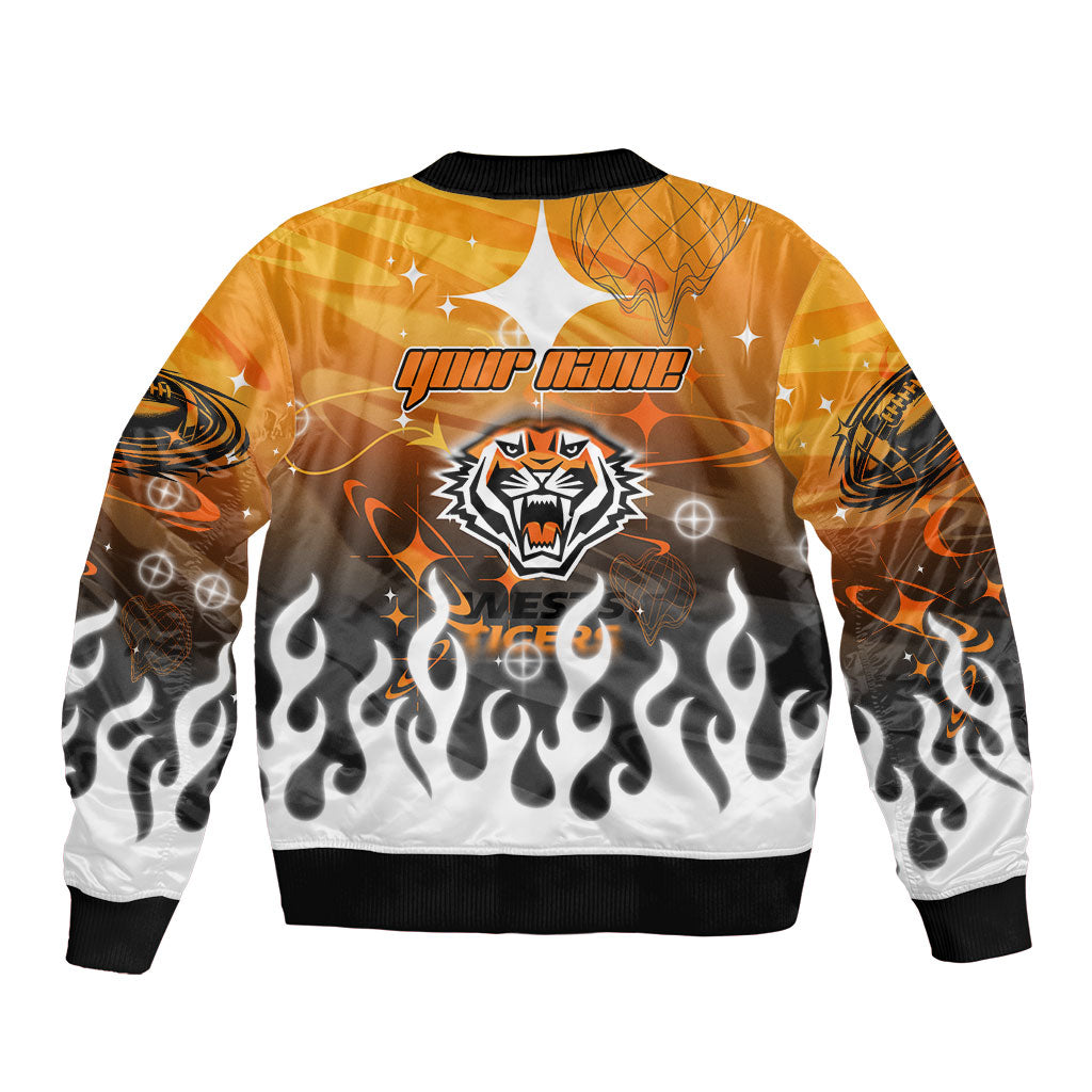 Personalized Wests Tigers Sleeve Zip Bomber Jacket Y2K Grunge Aesthetic With Cyber Flames and Starburst Graphics