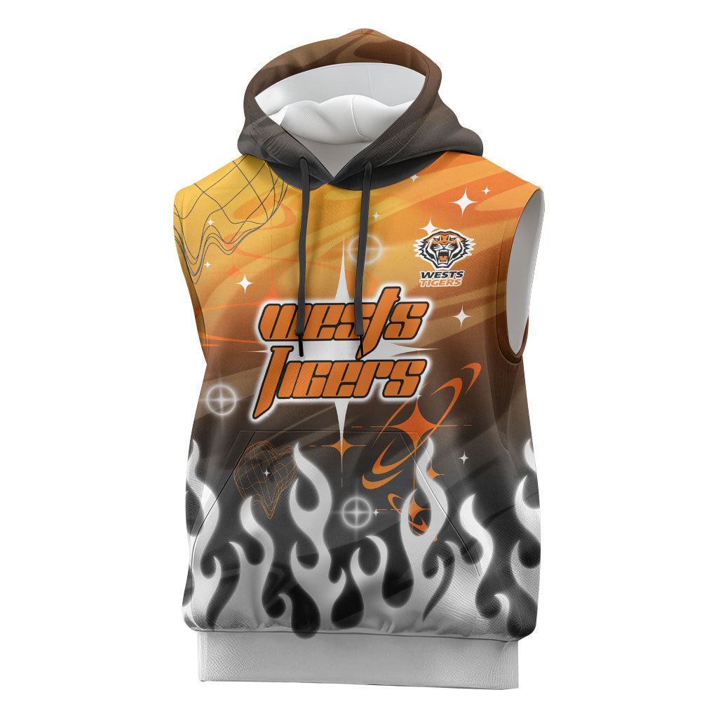 Personalized Wests Tigers Sleeveless Hoodie Y2K Grunge Aesthetic With Cyber Flames and Starburst Graphics