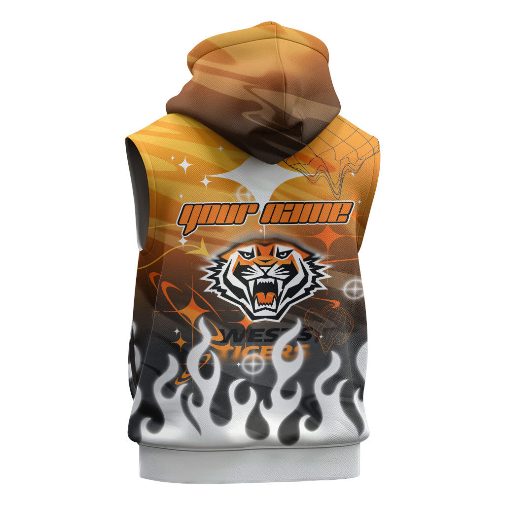Personalized Wests Tigers Sleeveless Hoodie Y2K Grunge Aesthetic With Cyber Flames and Starburst Graphics