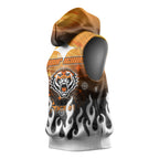 Personalized Wests Tigers Sleeveless Hoodie Y2K Grunge Aesthetic With Cyber Flames and Starburst Graphics