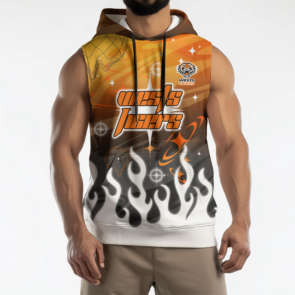 Personalized Wests Tigers Sleeveless Hoodie Y2K Grunge Aesthetic With Cyber Flames and Starburst Graphics