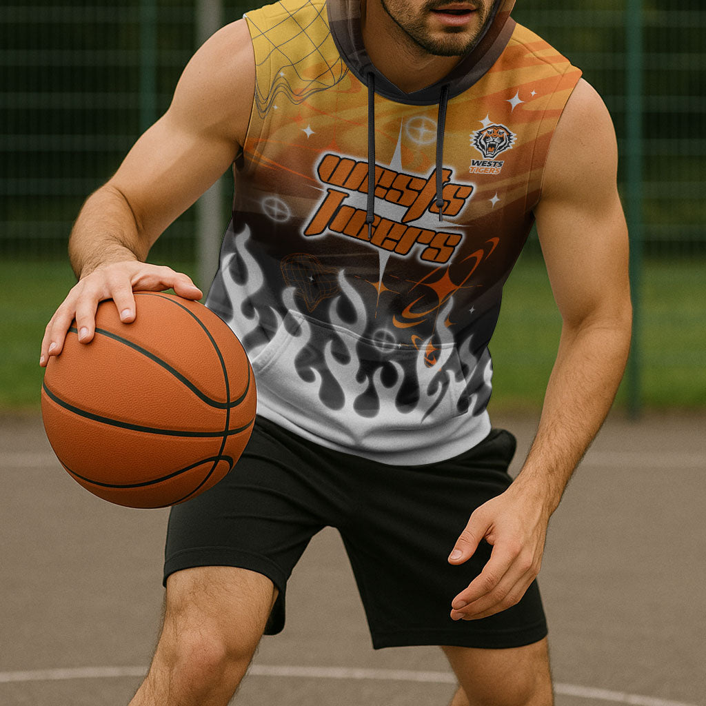 Personalized Wests Tigers Sleeveless Hoodie Y2K Grunge Aesthetic With Cyber Flames and Starburst Graphics