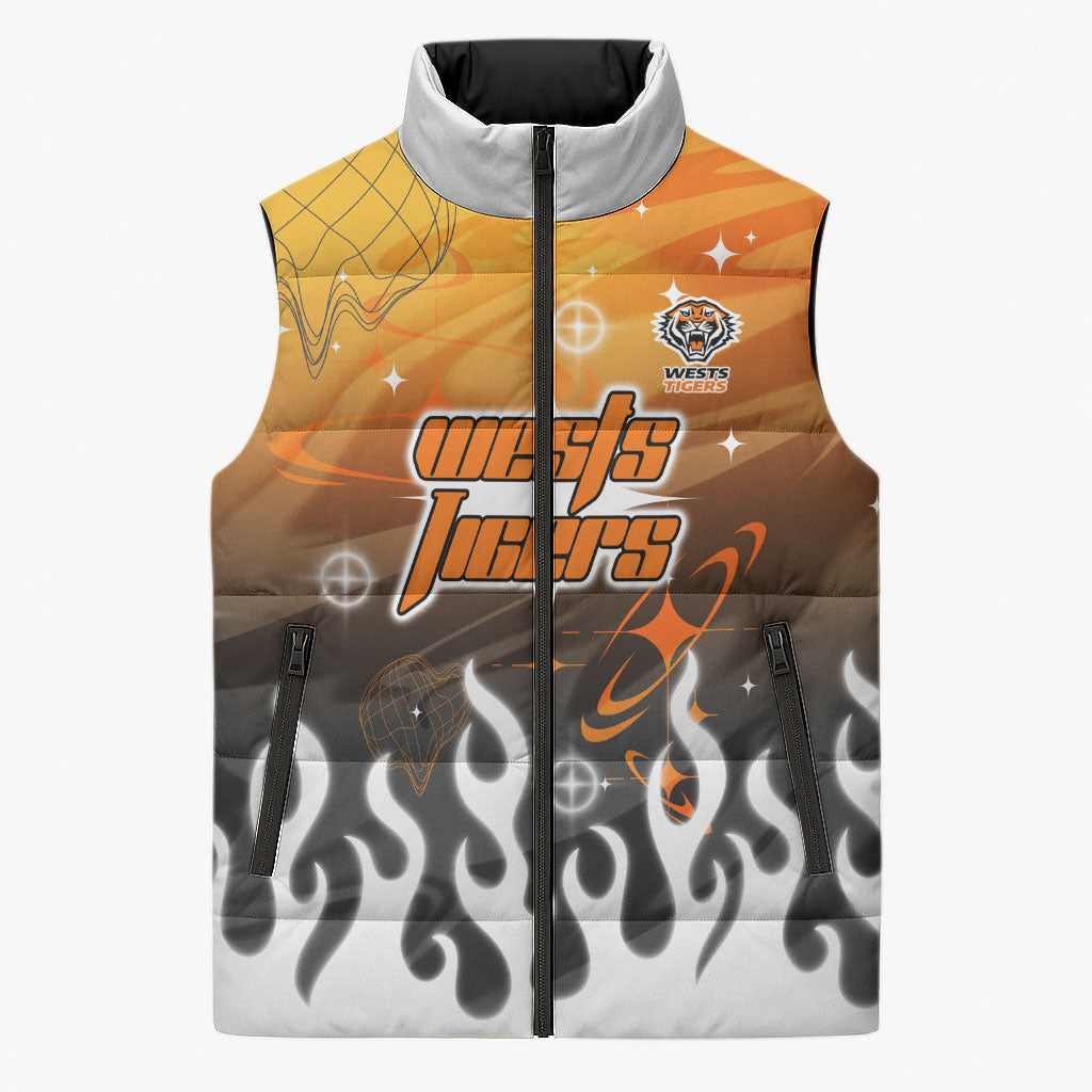 Personalized Wests Tigers Sleeveless Puffer Jacket Y2K Grunge Aesthetic With Cyber Flames and Starburst Graphics