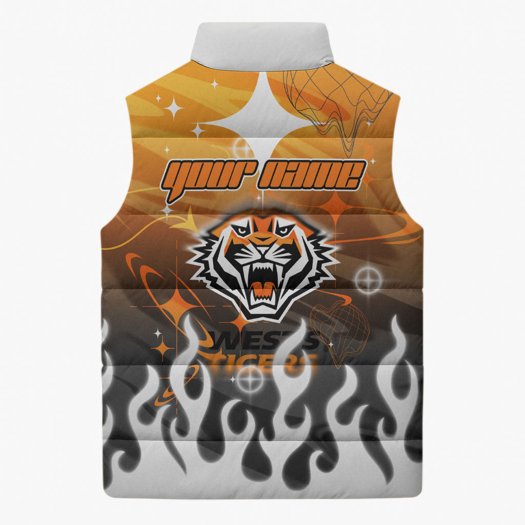 Personalized Wests Tigers Sleeveless Puffer Jacket Y2K Grunge Aesthetic With Cyber Flames and Starburst Graphics