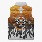 Personalized Wests Tigers Sleeveless Puffer Jacket Y2K Grunge Aesthetic With Cyber Flames and Starburst Graphics