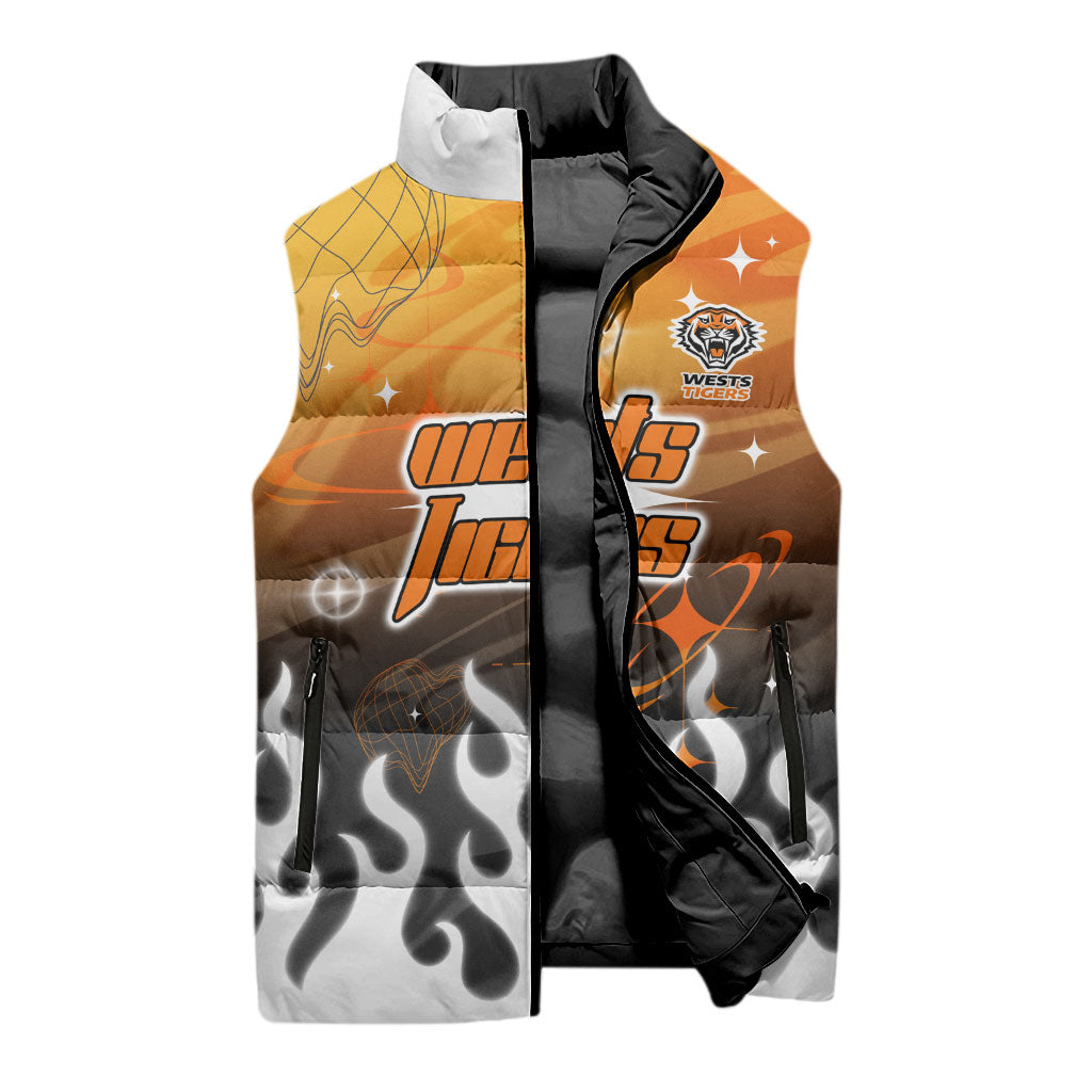 Personalized Wests Tigers Sleeveless Puffer Jacket Y2K Grunge Aesthetic With Cyber Flames and Starburst Graphics