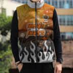 Personalized Wests Tigers Sleeveless Puffer Jacket Y2K Grunge Aesthetic With Cyber Flames and Starburst Graphics