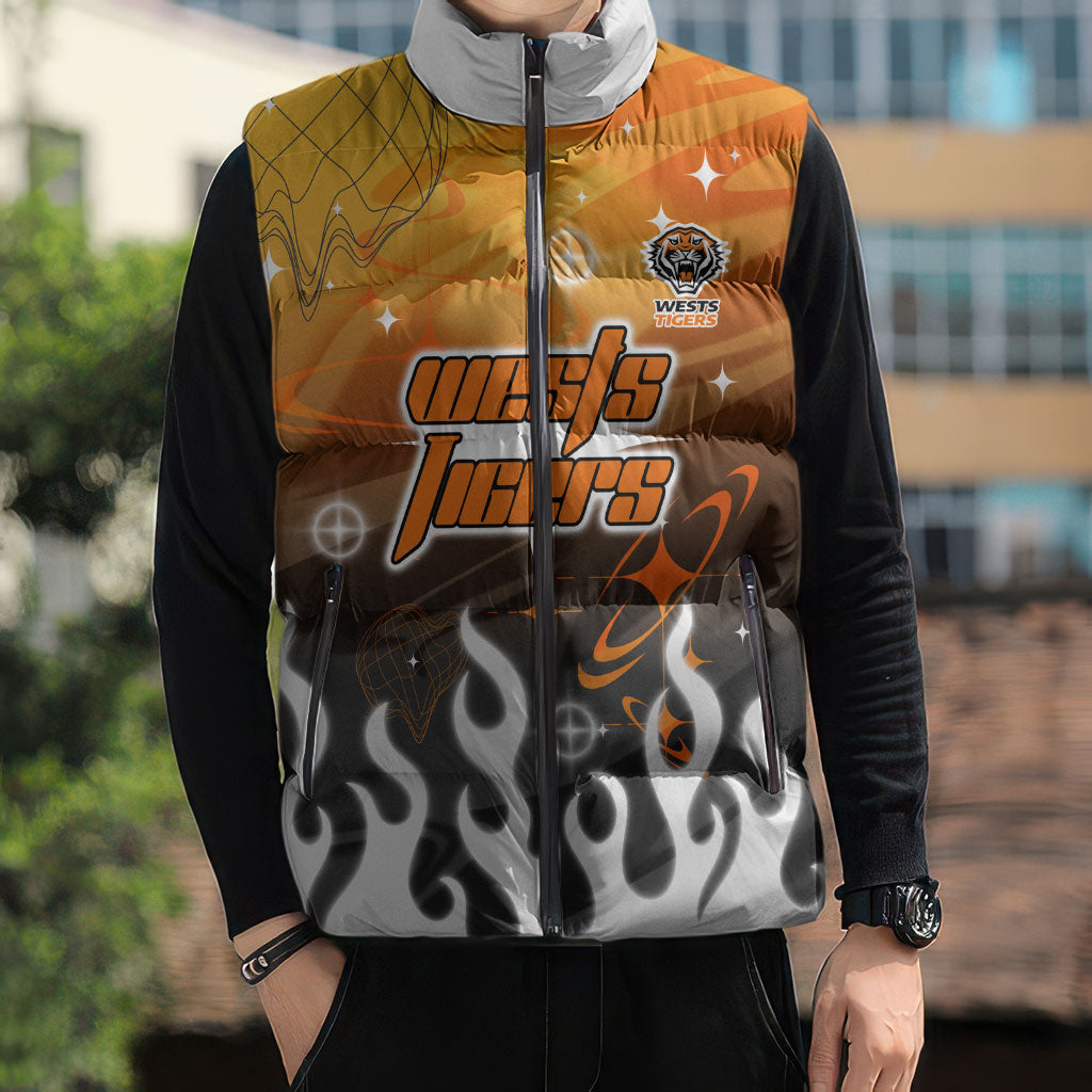 Personalized Wests Tigers Sleeveless Puffer Jacket Y2K Grunge Aesthetic With Cyber Flames and Starburst Graphics