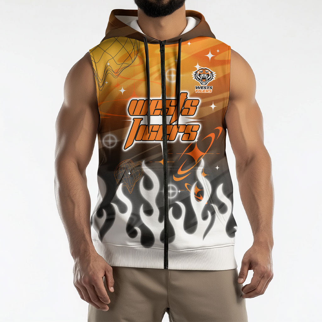 Personalized Wests Tigers Sleeveless Zip Hoodie Y2K Grunge Aesthetic With Cyber Flames and Starburst Graphics