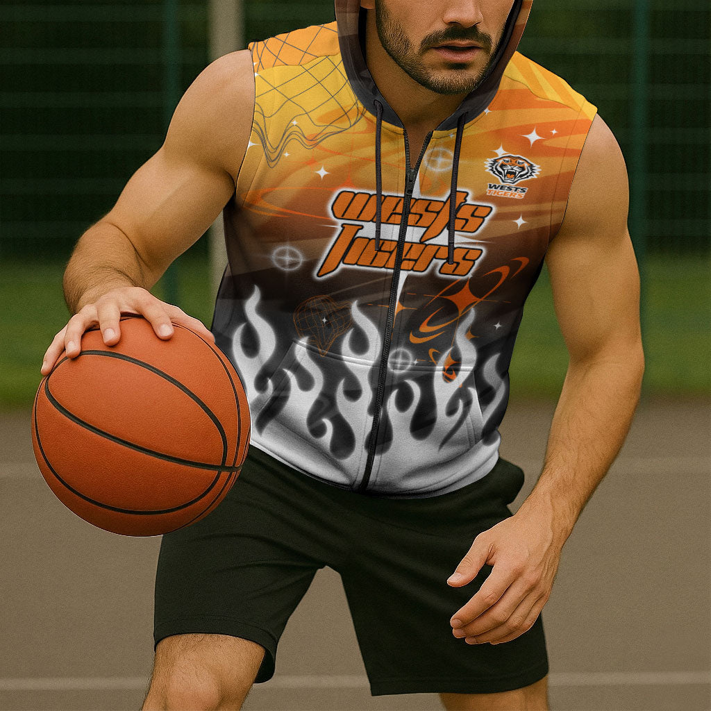 Personalized Wests Tigers Sleeveless Zip Hoodie Y2K Grunge Aesthetic With Cyber Flames and Starburst Graphics