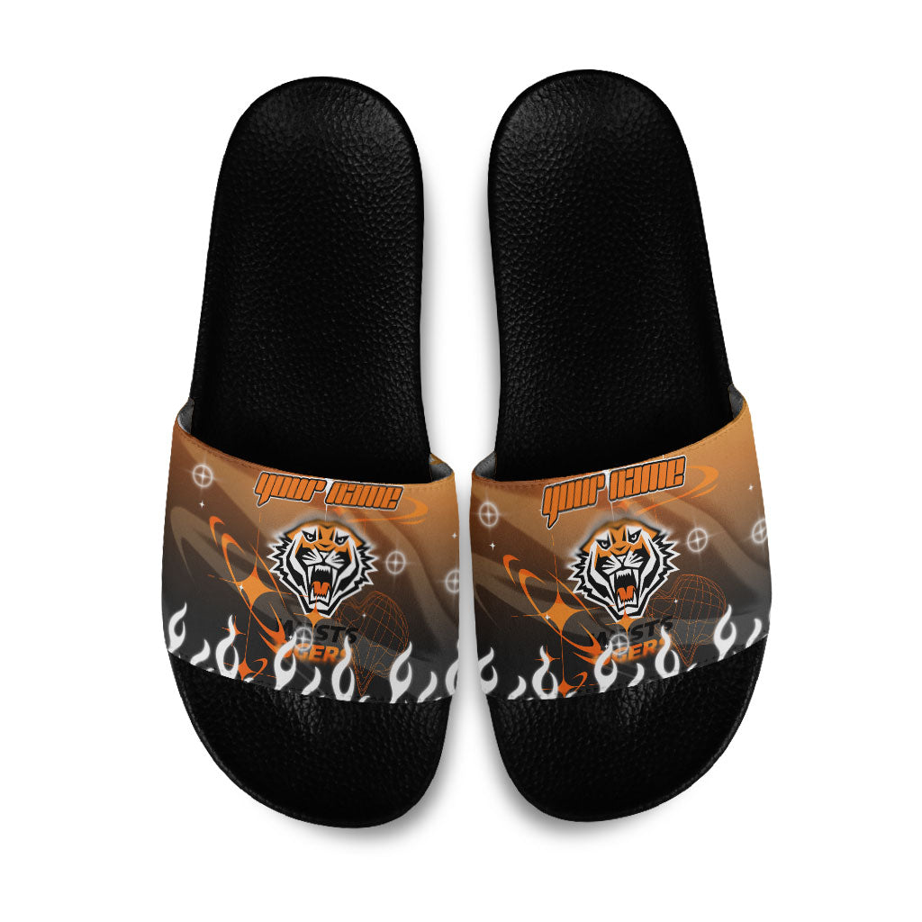 Personalized Wests Tigers Slide Sandals Y2K Grunge Aesthetic With Cyber Flames and Starburst Graphics