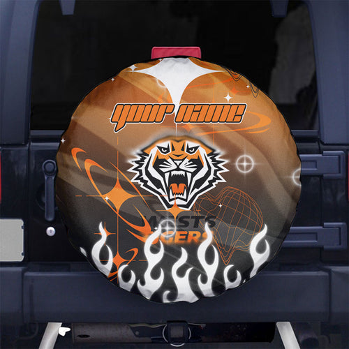 Personalized Wests Tigers Spare Tire Cover Y2K Grunge Aesthetic With Cyber Flames and Starburst Graphics