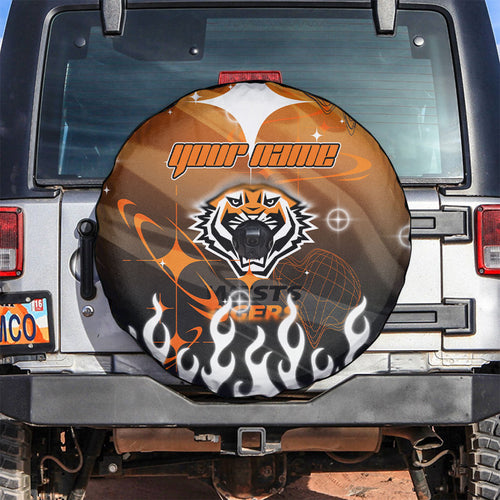 Personalized Wests Tigers Spare Tire Cover Y2K Grunge Aesthetic With Cyber Flames and Starburst Graphics