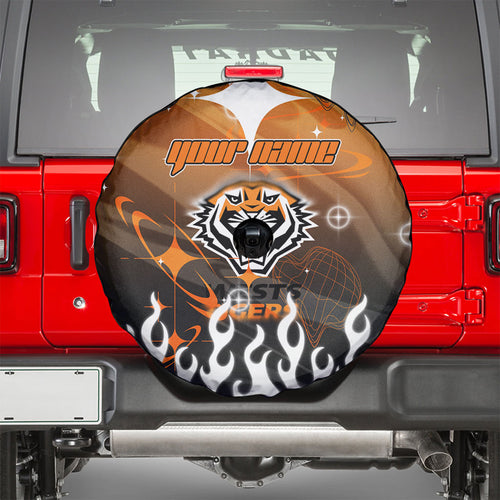 Personalized Wests Tigers Spare Tire Cover Y2K Grunge Aesthetic With Cyber Flames and Starburst Graphics