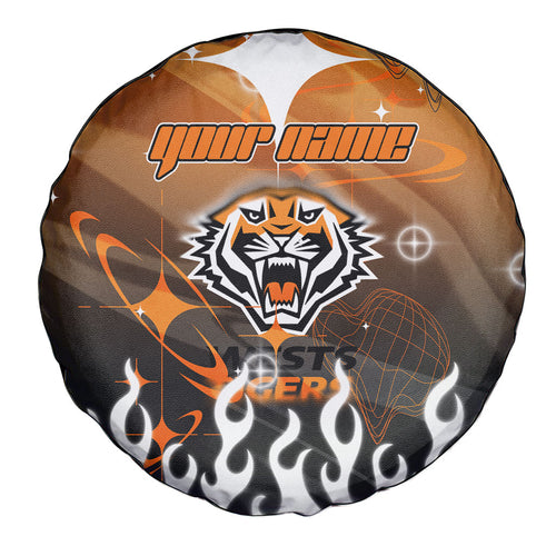 Personalized Wests Tigers Spare Tire Cover Y2K Grunge Aesthetic With Cyber Flames and Starburst Graphics