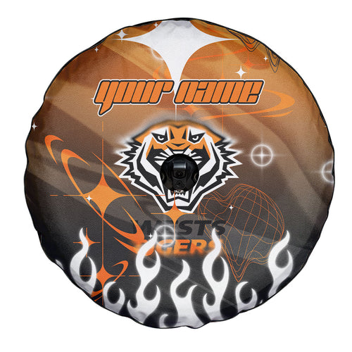 Personalized Wests Tigers Spare Tire Cover Y2K Grunge Aesthetic With Cyber Flames and Starburst Graphics