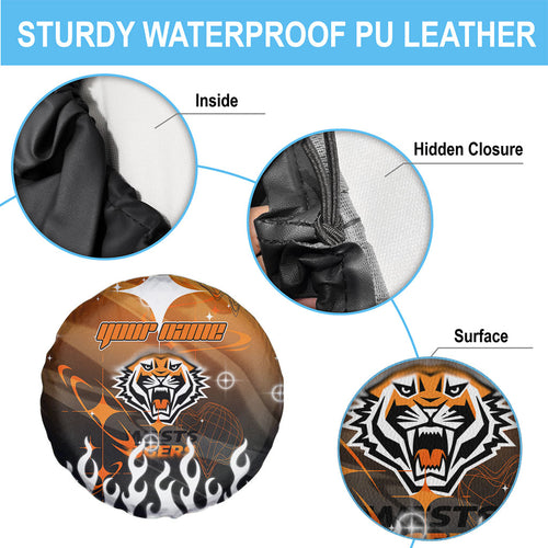 Personalized Wests Tigers Spare Tire Cover Y2K Grunge Aesthetic With Cyber Flames and Starburst Graphics
