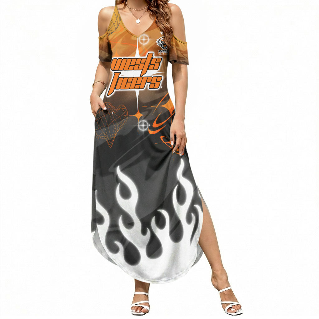 Personalized Wests Tigers Summer Maxi Dress Y2K Grunge Aesthetic With Cyber Flames and Starburst Graphics
