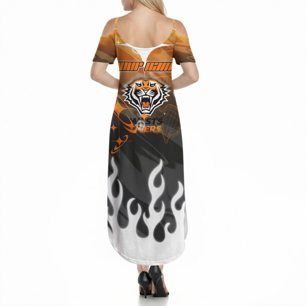 Personalized Wests Tigers Summer Maxi Dress Y2K Grunge Aesthetic With Cyber Flames and Starburst Graphics