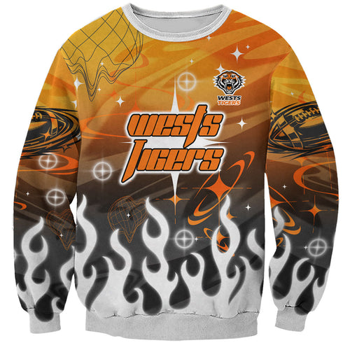 Personalized Wests Tigers Sweatshirt Y2K Grunge Aesthetic With Cyber Flames and Starburst Graphics