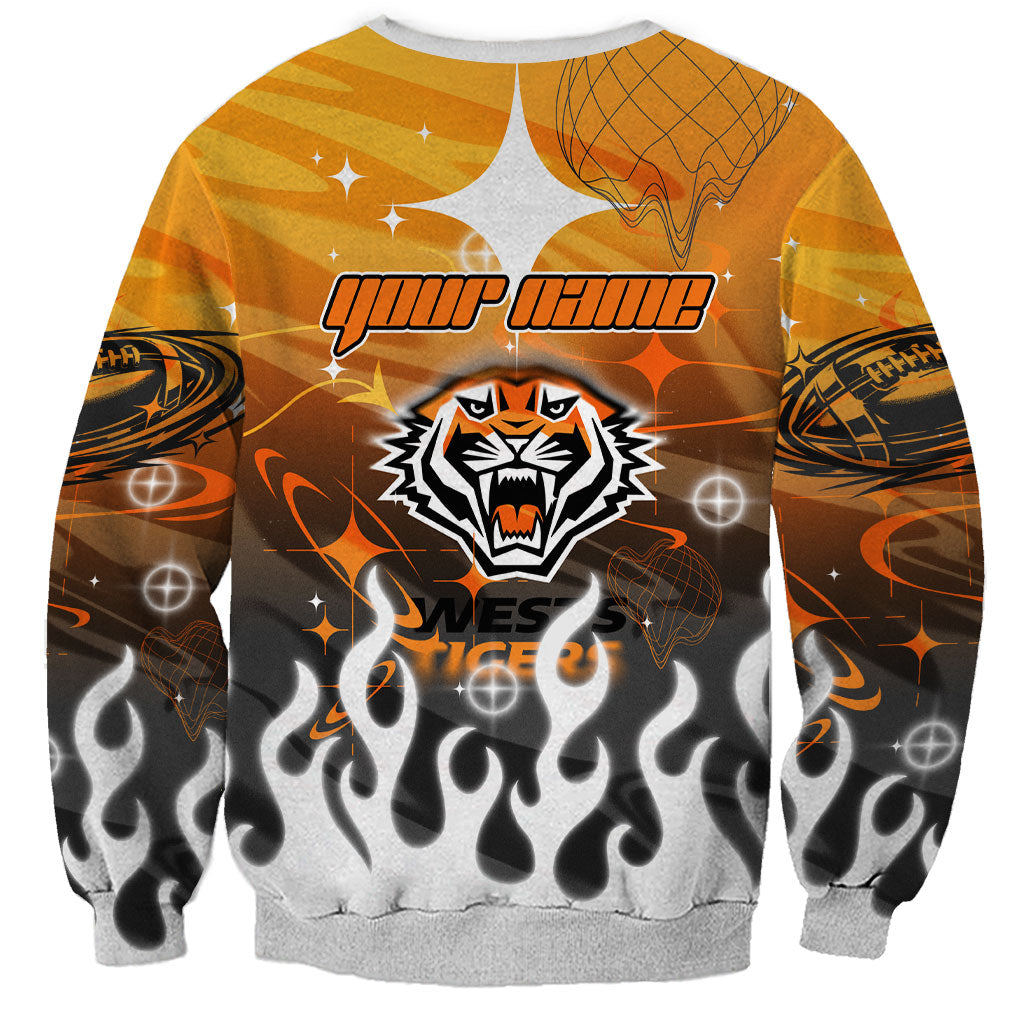 Personalized Wests Tigers Sweatshirt Y2K Grunge Aesthetic With Cyber Flames and Starburst Graphics