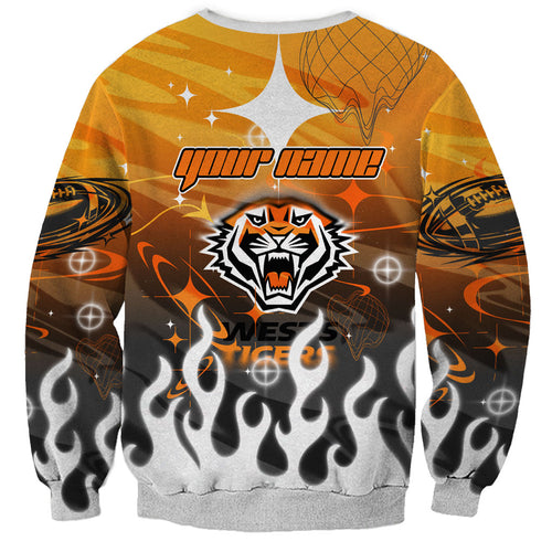 Personalized Wests Tigers Sweatshirt Y2K Grunge Aesthetic With Cyber Flames and Starburst Graphics