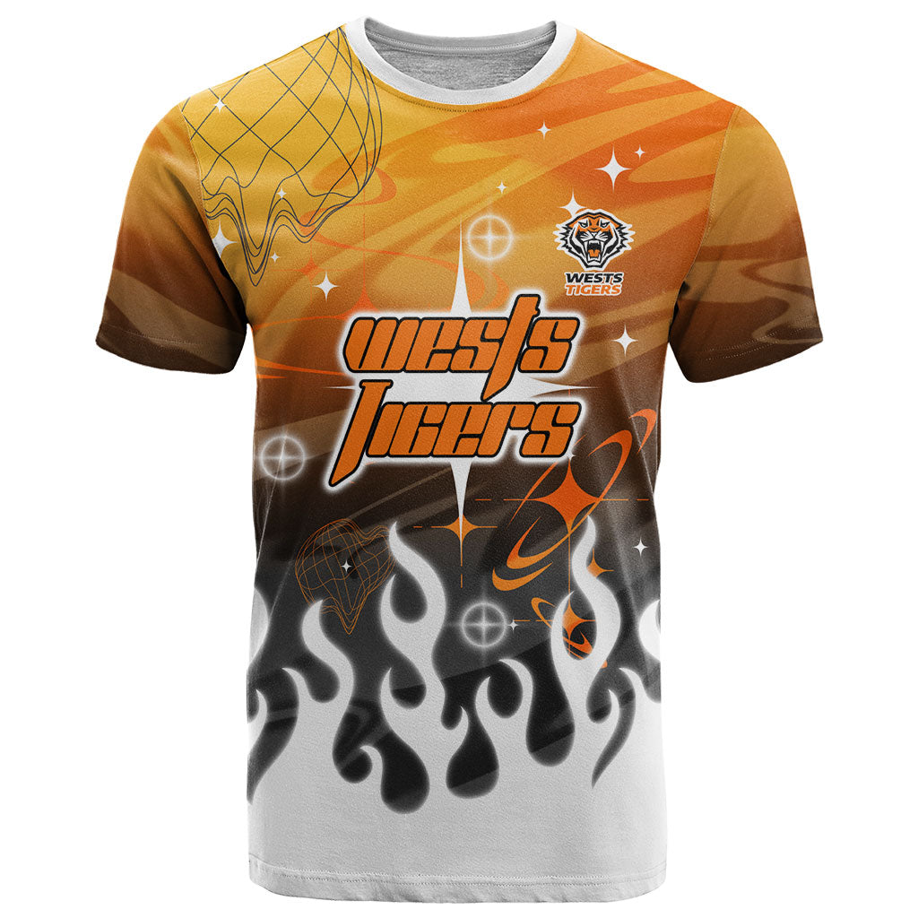 Personalized Wests Tigers T Shirt Y2K Grunge Aesthetic With Cyber Flames and Starburst Graphics