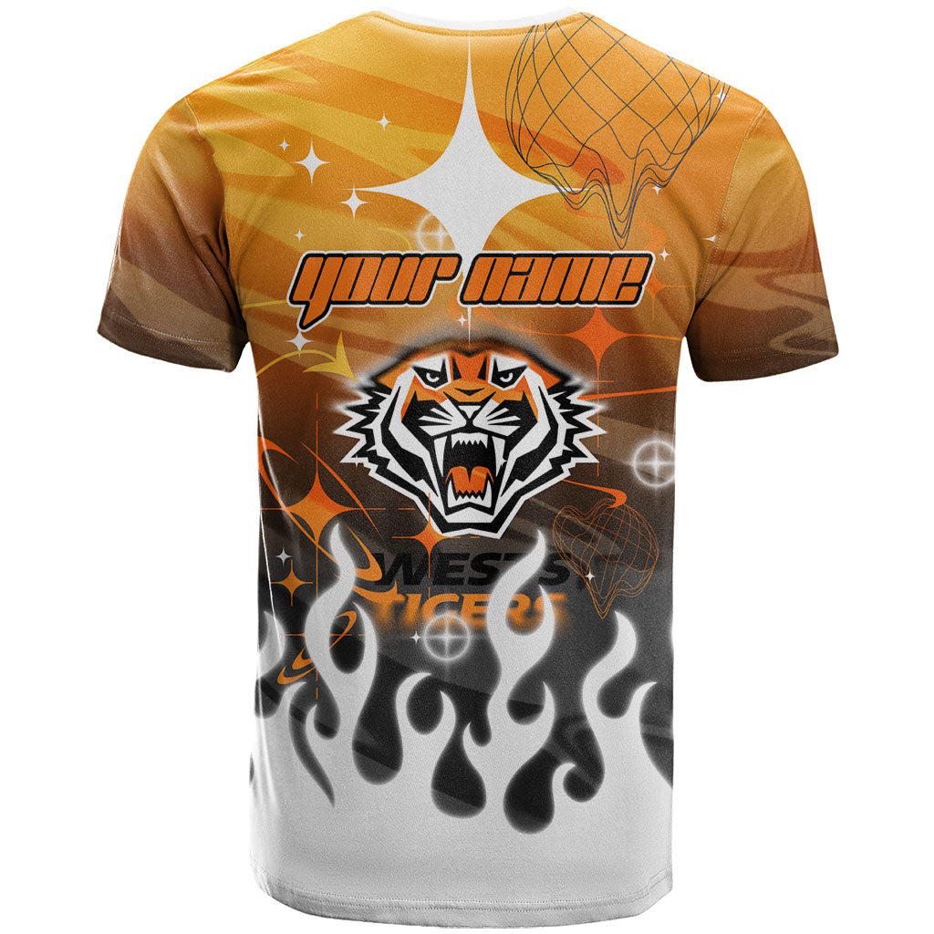 Personalized Wests Tigers T Shirt Y2K Grunge Aesthetic With Cyber Flames and Starburst Graphics
