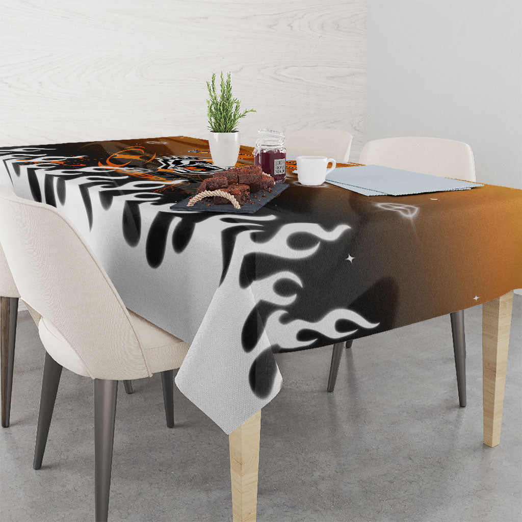 Personalized Wests Tigers Tablecloth Y2K Grunge Aesthetic With Cyber Flames and Starburst Graphics
