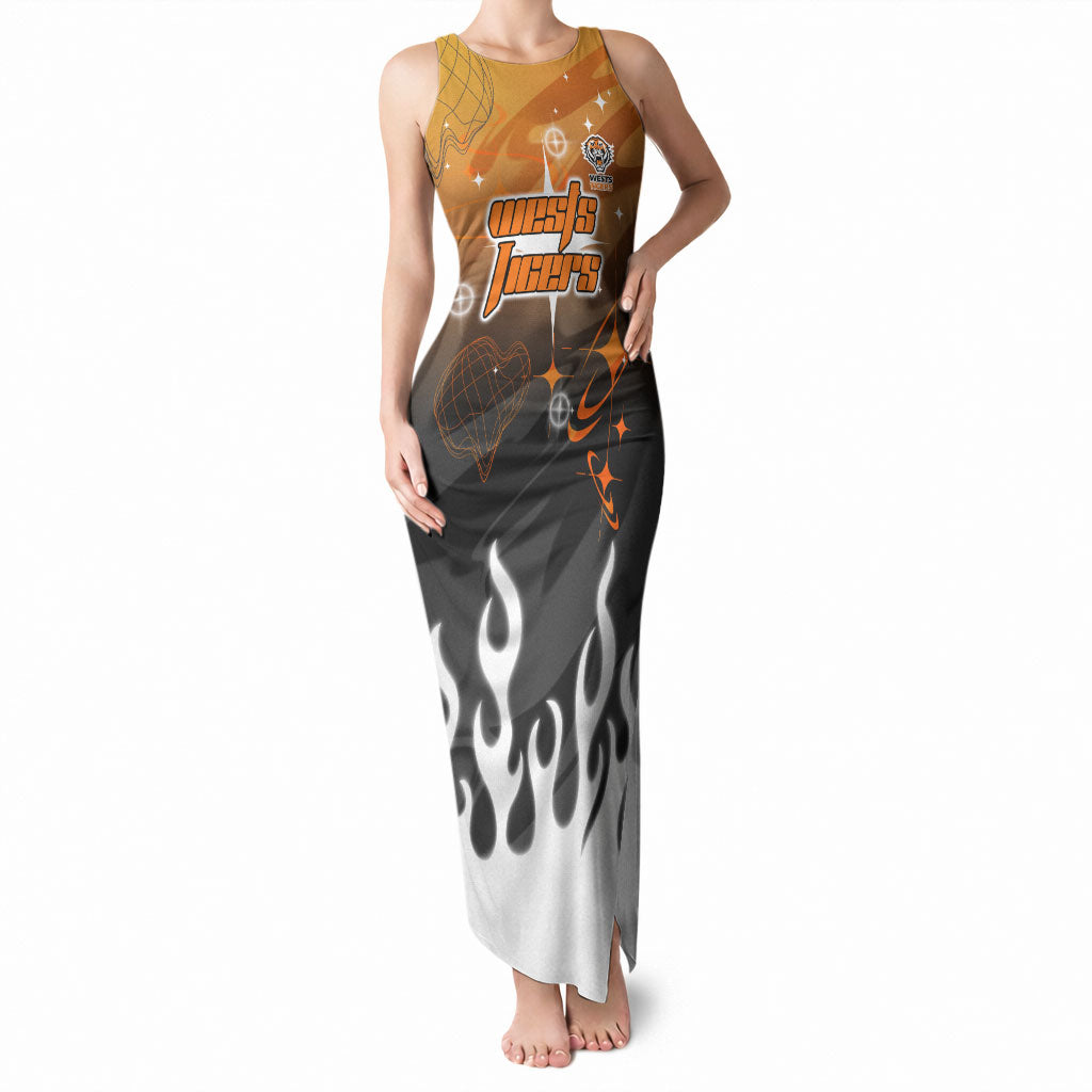 Personalized Wests Tigers Tank Maxi Dress Y2K Grunge Aesthetic With Cyber Flames and Starburst Graphics