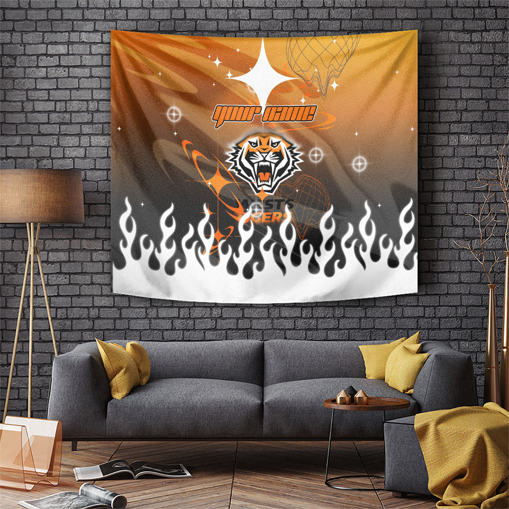 Personalized Wests Tigers Tapestry Y2K Grunge Aesthetic With Cyber Flames and Starburst Graphics