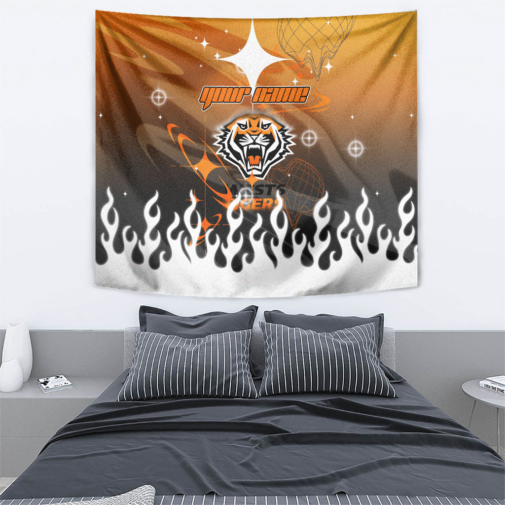 Personalized Wests Tigers Tapestry Y2K Grunge Aesthetic With Cyber Flames and Starburst Graphics