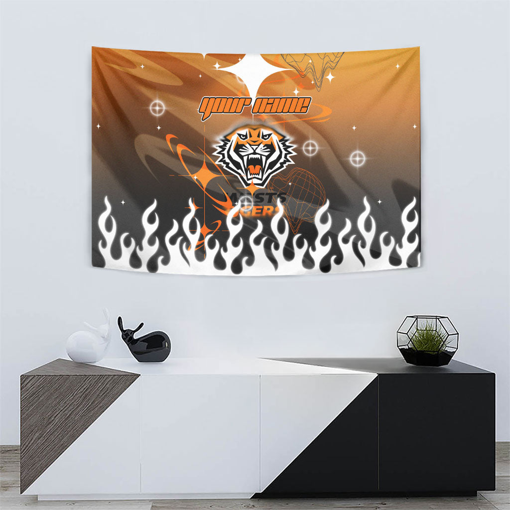 Personalized Wests Tigers Tapestry Y2K Grunge Aesthetic With Cyber Flames and Starburst Graphics