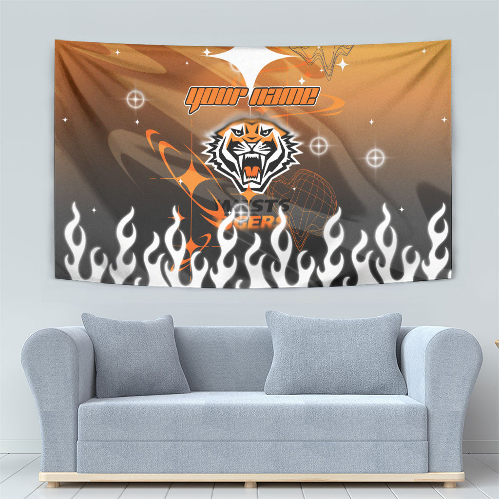 Personalized Wests Tigers Tapestry Y2K Grunge Aesthetic With Cyber Flames and Starburst Graphics