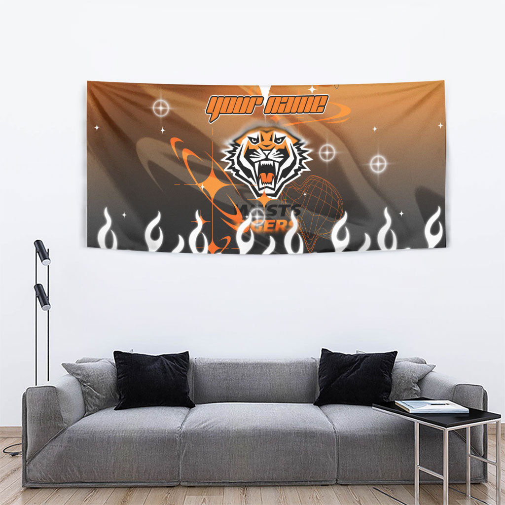 Personalized Wests Tigers Tapestry Y2K Grunge Aesthetic With Cyber Flames and Starburst Graphics
