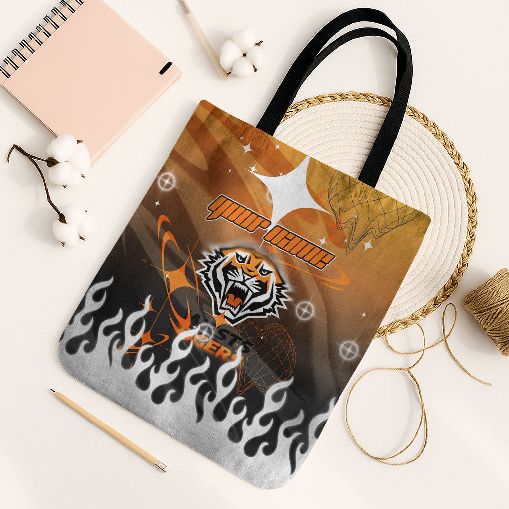 Personalized Wests Tigers Tote Bag Y2K Grunge Aesthetic With Cyber Flames and Starburst Graphics