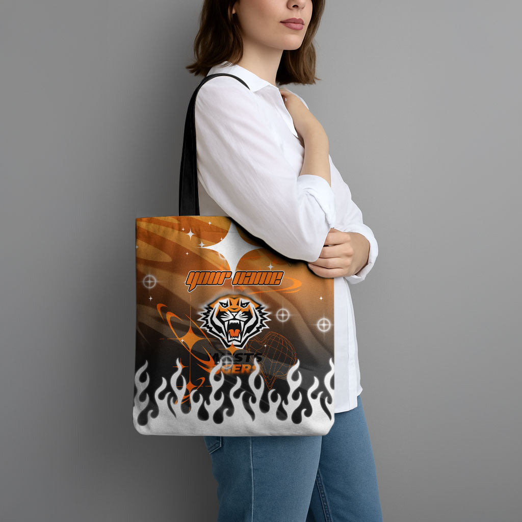 Personalized Wests Tigers Tote Bag Y2K Grunge Aesthetic With Cyber Flames and Starburst Graphics
