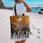 Personalized Wests Tigers Tote Bag Y2K Grunge Aesthetic With Cyber Flames and Starburst Graphics