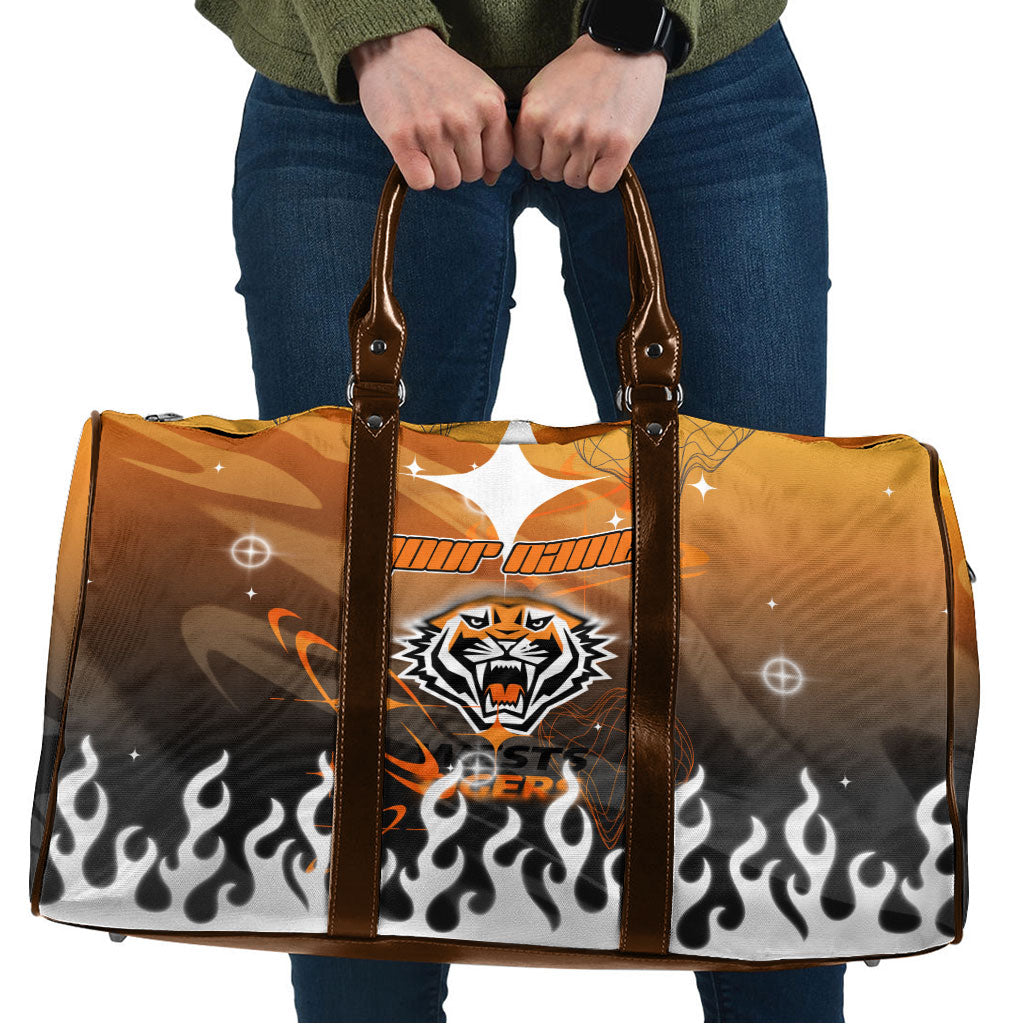 Personalized Wests Tigers Travel Bag Y2K Grunge Aesthetic With Cyber Flames and Starburst Graphics