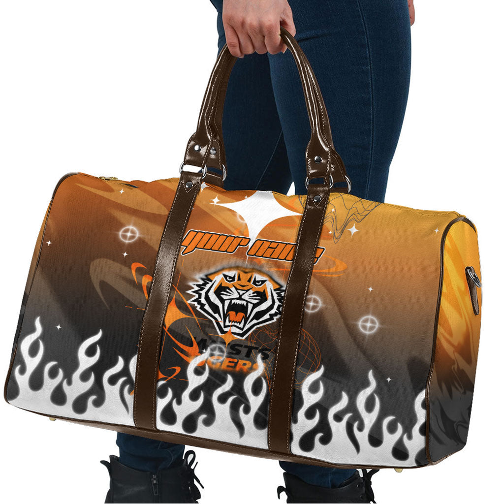 Personalized Wests Tigers Travel Bag Y2K Grunge Aesthetic With Cyber Flames and Starburst Graphics