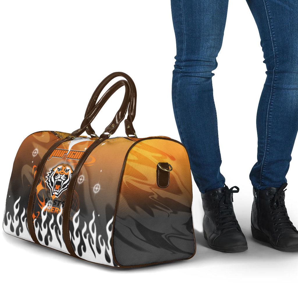Personalized Wests Tigers Travel Bag Y2K Grunge Aesthetic With Cyber Flames and Starburst Graphics