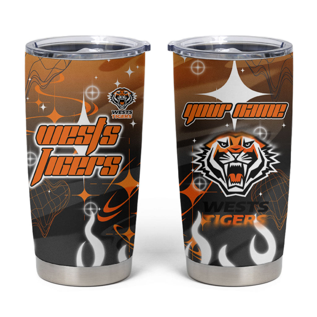 Personalized Wests Tigers Tumbler Cup Y2K Grunge Aesthetic With Cyber Flames and Starburst Graphics