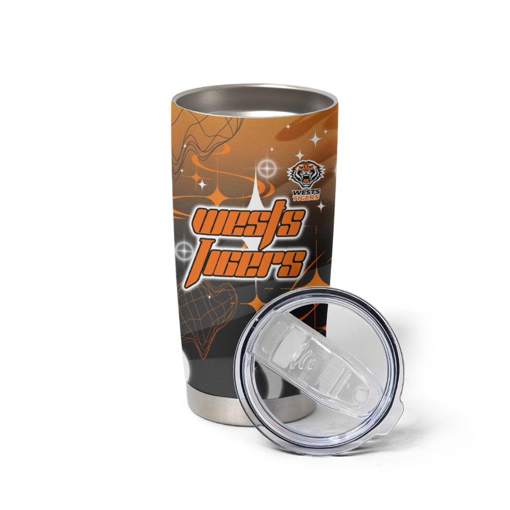 Personalized Wests Tigers Tumbler Cup Y2K Grunge Aesthetic With Cyber Flames and Starburst Graphics