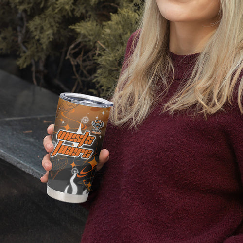 Personalized Wests Tigers Tumbler Cup Y2K Grunge Aesthetic With Cyber Flames and Starburst Graphics