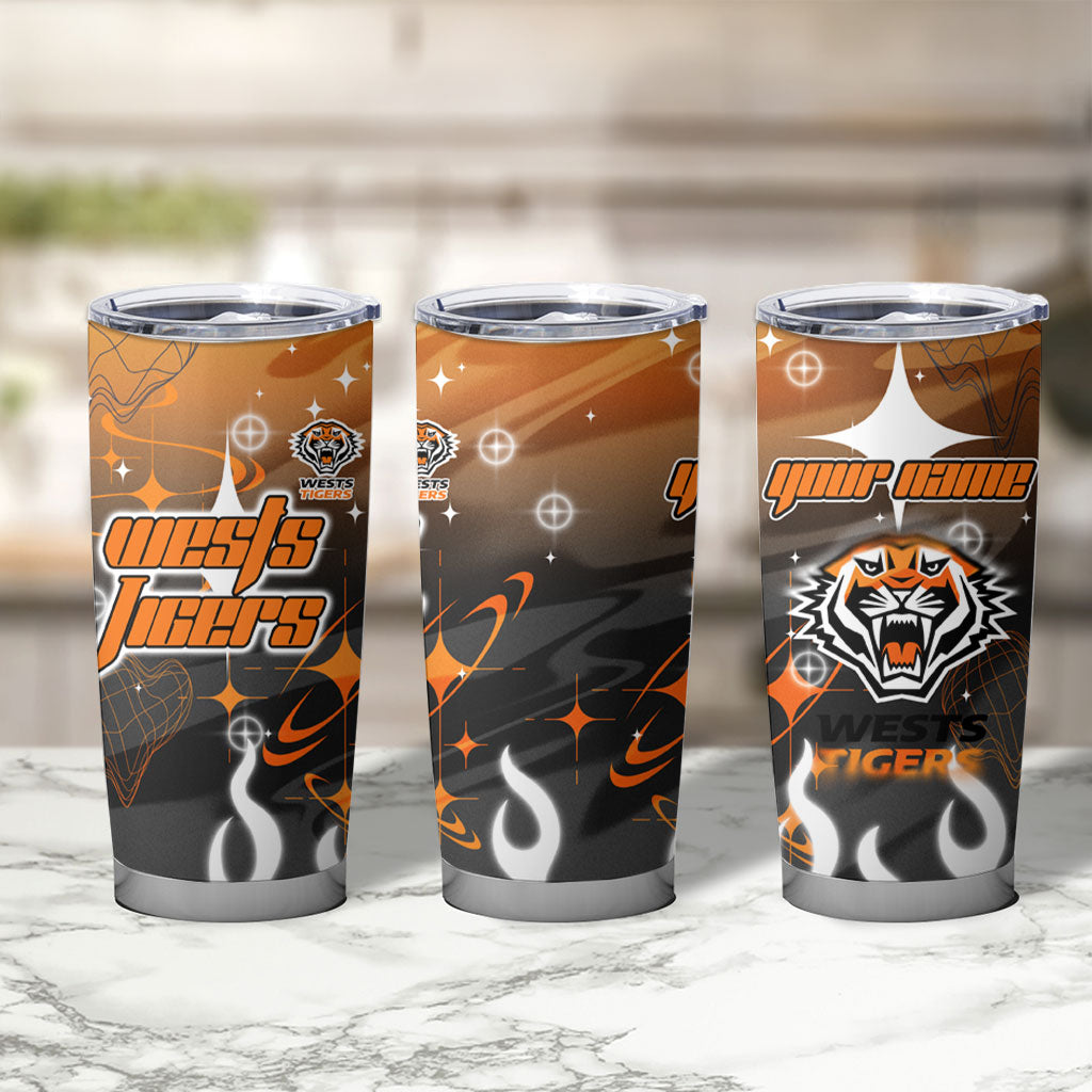 Personalized Wests Tigers Tumbler Cup Y2K Grunge Aesthetic With Cyber Flames and Starburst Graphics
